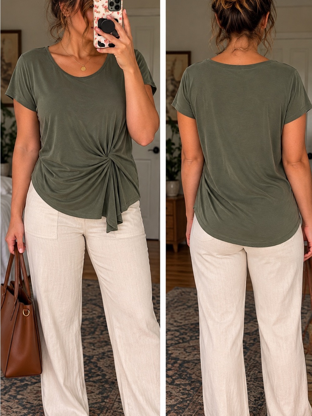 INC International Concepts Olive Green Twist Front Short Sleeve Tee